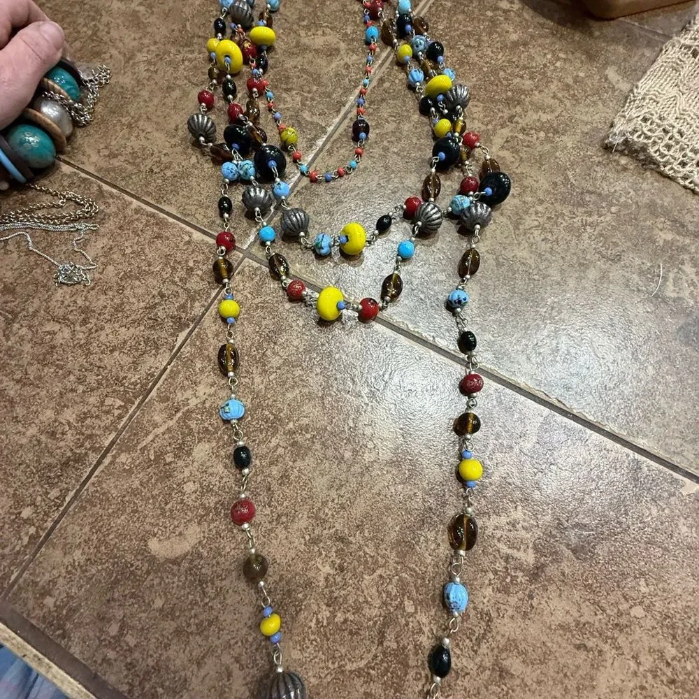Vintage Multi Strand Glass Bead Statement Necklace Colorful Boho 60s 70s Style